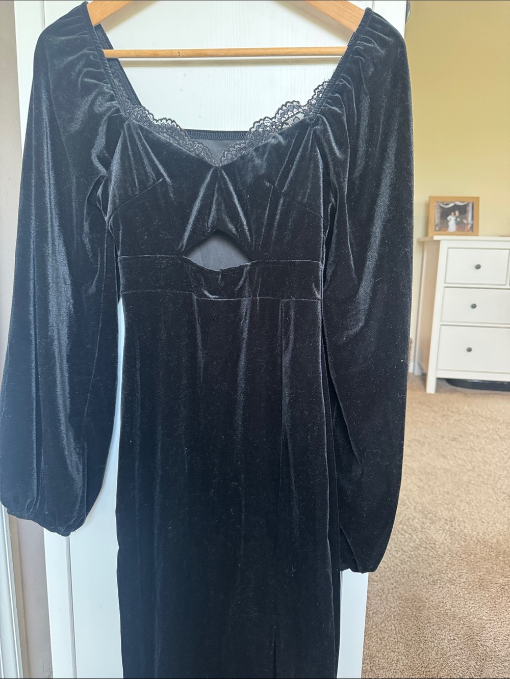 Black Velvet Long Sleeve Cutout Dress - Women